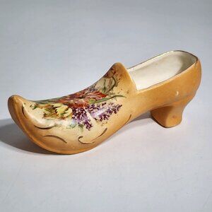 Ceramic Shoe Figurine Planter With Hand Painted Floral Design Signed Vintage